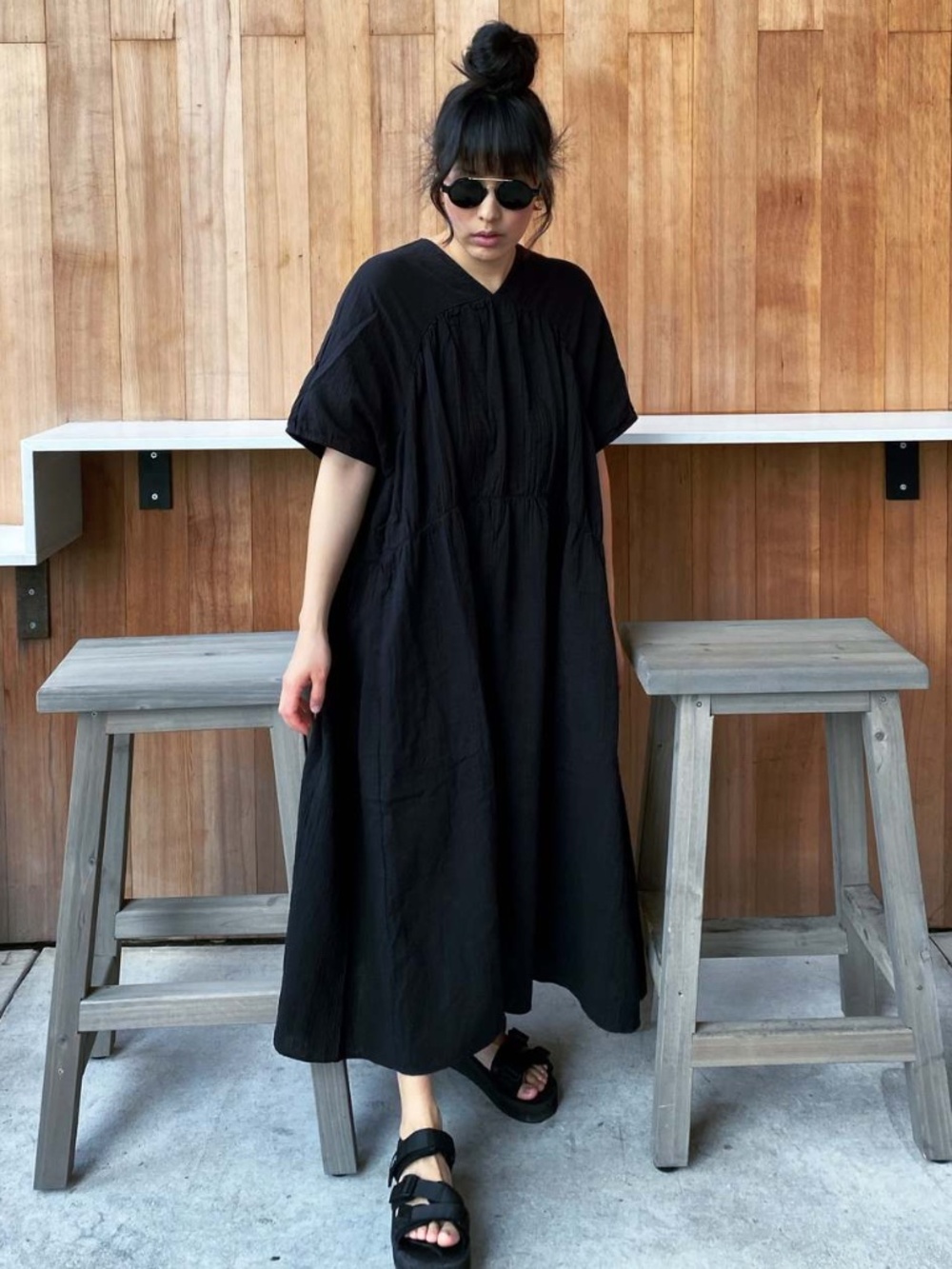 ATELIER DELPHINE The Lihue Wrinkled Organic Cotton Gauze Japan Dress Black M / L